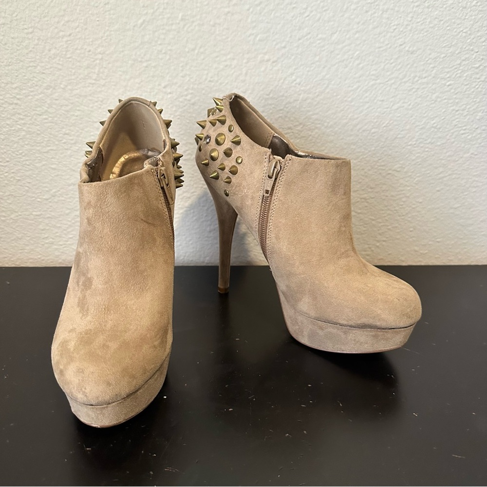 Aldo Brown Faux Suede Studded Rhinestone Heeled Ankle Boots